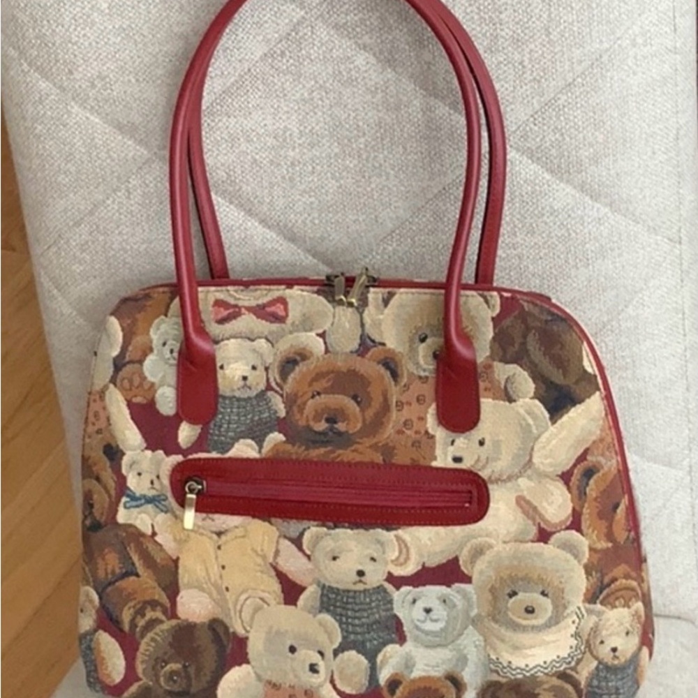 Teddy Bear Patterned Tote Bag with Red Accents